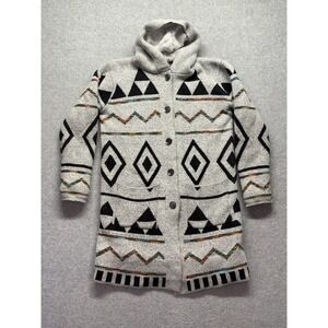 Pinklicious Southwest Sherpa Lined Hooded Cardigan Sweater Grey Geometric Large